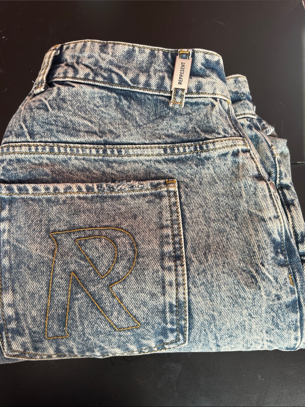 Represent R2 Stepped Hem Denim Jeans Acid Wash Distressed Frayed